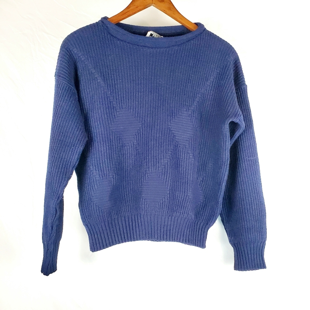 Vintage Kenneth Too! Blue‎ Monochrome Ribbed Argyle Sweater